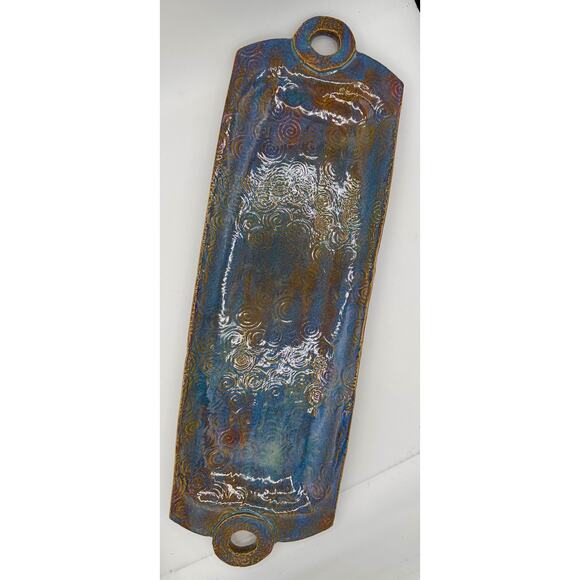 Handmade Raku-Style Ceramic Platter — Iridescent Blue & Copper Swirl Pattern - Picture 4 of 12